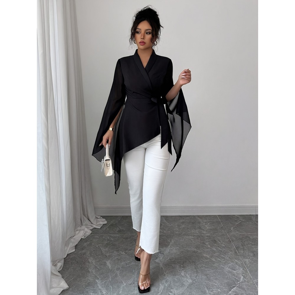 Women's French-Style Asymmetric Blouse - Chiffon Semi-Sheer Shirt Jacket with Short Sleeve, Machine Washable Elegant Tops for Spring/Fall Layering (Solid Color) - Wardrobe Essential for Dresses & Jeans