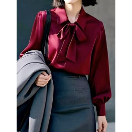 [Burgundy Satin Blouse] Long Sleeve Women's Elegant Burgundy Satin Blouse | Non-Sheer Polyester, 173gsm, Bow Tie Detail, Perfect for Spring/Autumn Office or Formal Wear