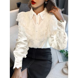 [Elegant Lace Blouse] White Elegant French Lace Blouse | Long Sleeve, Polo Neck, Intricate Lace Detail, Perfect for Casual Weekend Attire