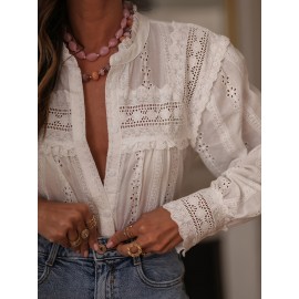 Women'S French-Inspired Elegant Long Sleeve Blouse with Lace Detailing - Round Neck, Button-Up Shirt in White, Perfect for Spring/Summer/Fall, Casual to Formal Wear, Casual Attire | Frenchinspired Blouse | Lace Detailing, Ladies Blouses
