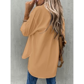 [Casual Button-Up Shirt] Relaxed Fit Women's Casual Long Sleeve Button-Up Shirt | Solid Color, 3/4 Sleeve Design with Chest Pocket, Versatile All-Season Top for Casual Attire