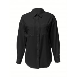 [Casual Button-Up Shirt] Relaxed Fit Women's Casual Long Sleeve Button-Up Shirt | Solid Color, 3/4 Sleeve Design with Chest Pocket, Versatile All-Season Top for Casual Attire