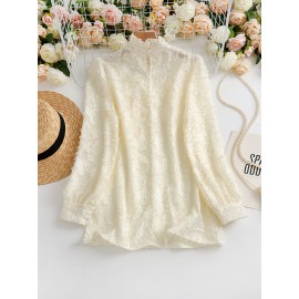 Mock Neck Ruffle Decor Blouse, Chic Long Sleeve Textured Blouse For Spring & Fall, Women's Clothing