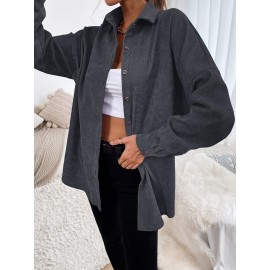1pc Elegant Solid Color Corduroy Drop Shoulder Long Sleeve Shirt for Women, Polyester, Button-Up Front, Spring/Autumn Season, Adult Casual Loose Fit Top