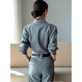 [Structured Collar] Structured Collar Blouse Women's | Long Sleeve Wrinkle-Resistant Shirt Jacket-like Top, Solid Grey with Buttons, Tailored Casual & Professional Wear for Office, Semi-Formal Events, Machine Washable Spring/Fall Outerwear