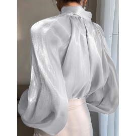 [Laceup Detailing Retro Fashion] Vintage Elegant Women's Blouse - Long Sleeve High Neck Shirt with Tie-Front Detail, All-Season Formal & Everyday Blouse for Office, Parties, Casual Outfits - Women's Clothing, Party Attire, Laceup Detailing, Office Attire, Retro Fashion