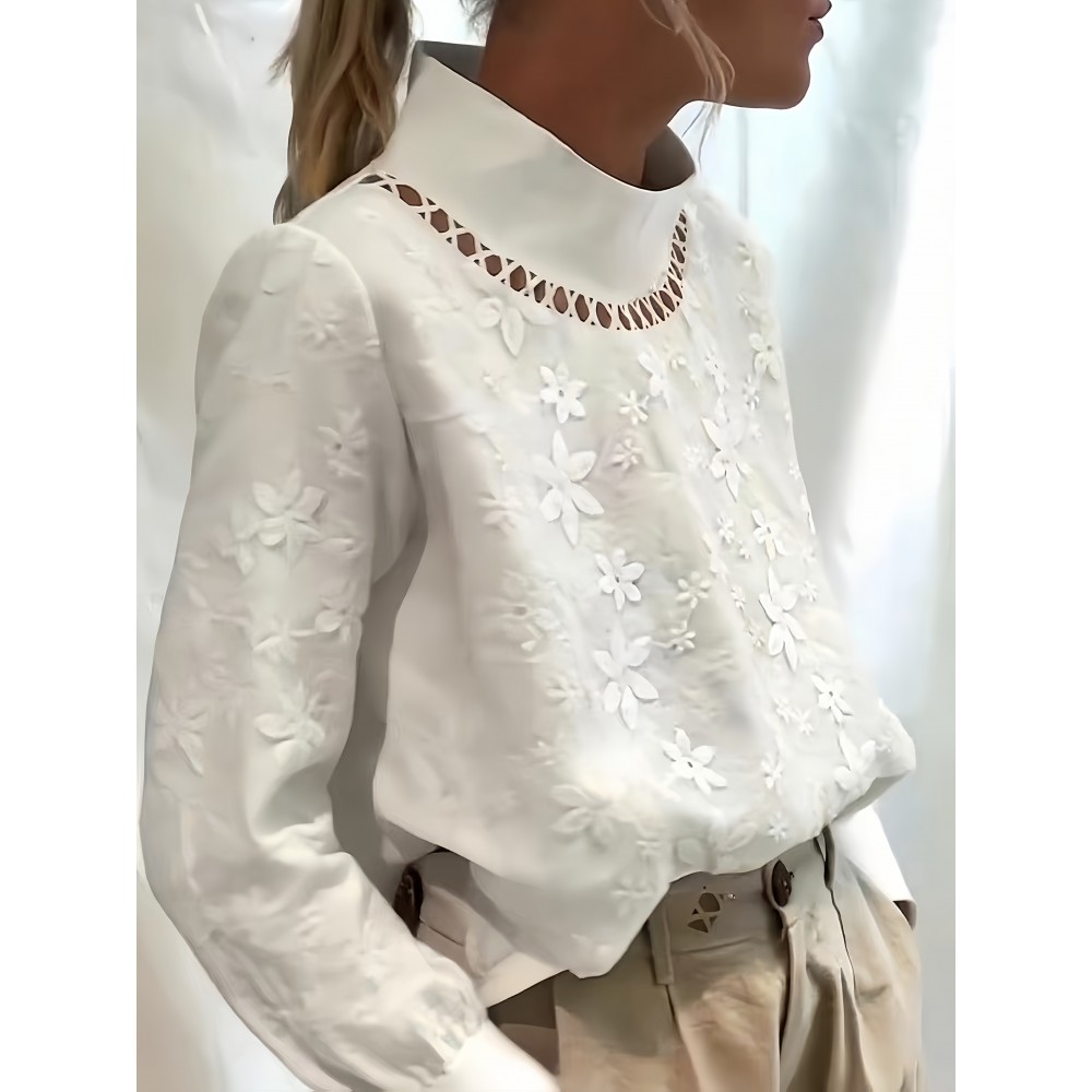 Spring and Autumn Fashion New Solid Color Embroidered High Neck Long Sleeve Shirt for Women