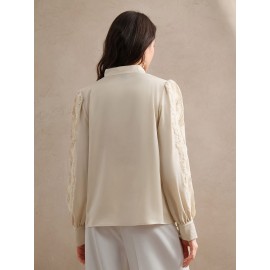 Women's Elegant Lace-Trimmed Semi-Sheer Long Sleeve Shirt - Stand Collar Button-Up Blouse with Chest Pockets, Lightweight 3-Season Top for Spring Summer Fall, Machine Washable, Casual Chic Wear, Sophisticated Detailing