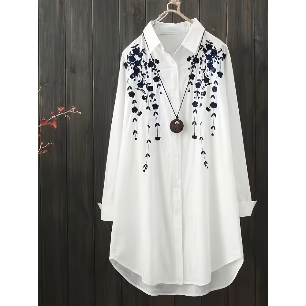 Women'S Chic Embroidered Long Sleeve Blouse - White with Black Floral Design, Perfect for Spring/Summer, Casual Attire, Casual Attire|Floral Embroidery|Detailed Embroidery