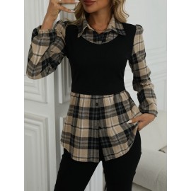 [Elegant Plaid Shirt] Elegant Geometric Plaid Print Button-Up Shirt for Adults - Autumn Casual & Formal Wear with Classic Collar, Machine Washable, Black & Beige Contrast