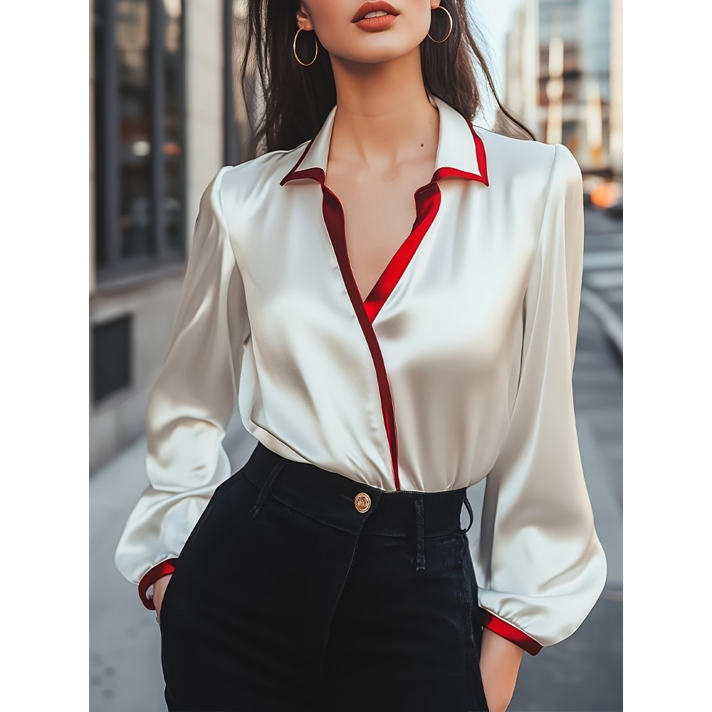 Women'S Elegant V-Neck Blouse with Red Trim - Long Sleeve, Button-Up Shirt in White & Red, Perfect for Spring/Fall, Stylish Office or Casual Wear, Ladies Blouses, White Satin Blouse For Women Elegant