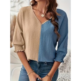 Elegant Color Block V-Neck Blouse for Women - Breathable Polyester, Machine Washable - Perfect for Spring/Summer/Fall
