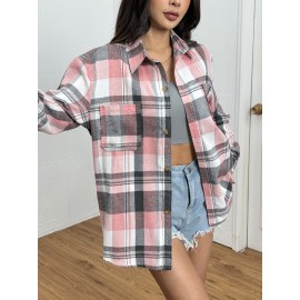 Women's Casual Long Sleeve Gingham Shirt - 100% Polyester Lapel Collar Blouse with Pockets, Regular Fit Plaid Button-Up for Fall/Winter
