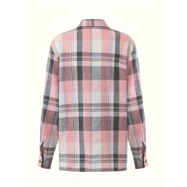Women's Casual Long Sleeve Gingham Shirt - 100% Polyester Lapel Collar Blouse with Pockets, Regular Fit Plaid Button-Up for Fall/Winter