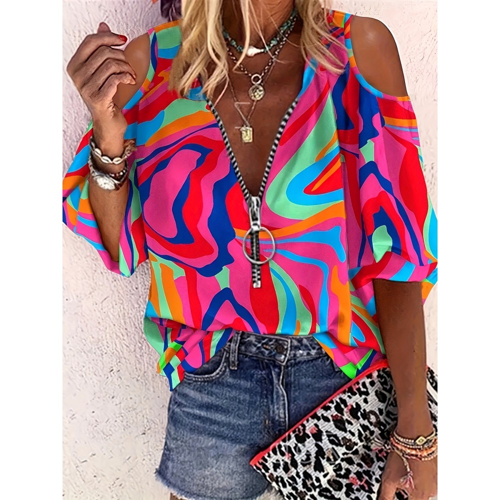 Ladies' printed off shoulder V-neck zipper lantern top T-shirt