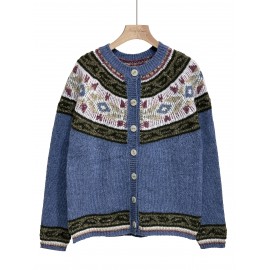 Women's Retro Elegant Geometric Pattern Cardigan Sweater - Blue Brown Beige White Contrast Trim, Round Neck Long Sleeve Button Front Closure, All-Season Machine Washable Sweater for Casual & Formal Outfits, Sweaters Cardigan for Women, Cardigan with Design, Womens Cardigans, Cute Sweater, Winter Cardigan for Women High Quality