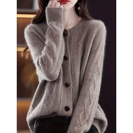 Women'S Elegant Long Sleeve Cardigan - Chic Button-Front Sweater Jacket, All-Season Layering Piece for Office, Party, Everyday - Easy-Care Women'S Outerwear in Neutral Colors (Beige, Brown, Black, Gray, Blue) - Elegant Sweater Coat, Cardigan Sweater, Party Attire, Textured Knitwear, Office Attire, Durable Material, Stylish Coat, Fashion Lovers