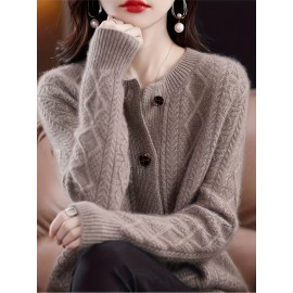 Women'S Elegant Long Sleeve Cardigan - Chic Button-Front Sweater Jacket, All-Season Layering Piece for Office, Party, Everyday - Easy-Care Women'S Outerwear in Neutral Colors (Beige, Brown, Black, Gray, Blue) - Elegant Sweater Coat, Cardigan Sweater, Party Attire, Textured Knitwear, Office Attire, Durable Material, Stylish Coat, Fashion Lovers