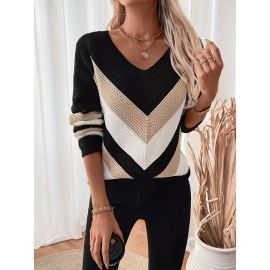 Women's Beige/Navy/Black/Brown/White/Gray V-Neck Color Block Sweater - Slim-Fit Long Sleeve Sweater Jacket with Collar, Hand Washable Winter Coat for Casual & Formal Wear, Elegant Fall Winter Sweating-Layering Piece