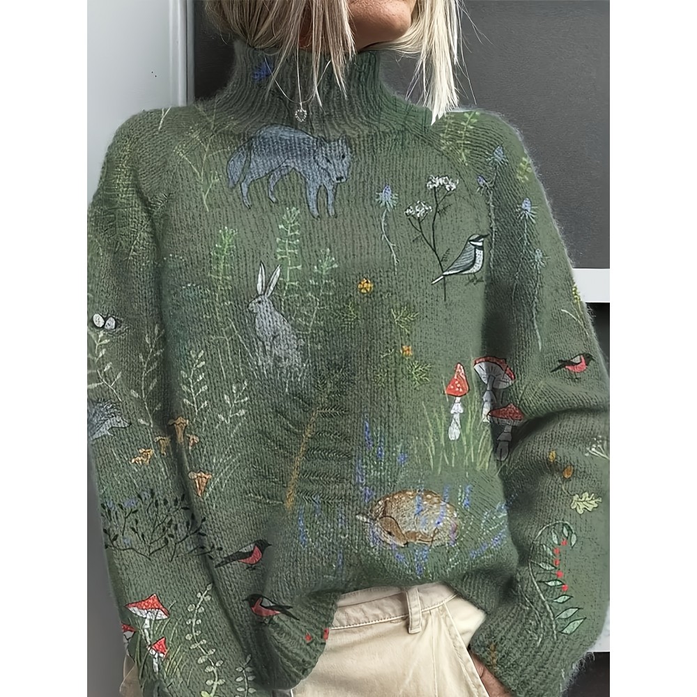 [3D Print Forest Sweater] Women's 3D All-Over Print Forest Sweater - Oversized H-Line Silhouette, High Neck Long Sleeves, Green Pullover with Foxes Rabbits Birds Mushrooms - All-Season Casual Semi-Formal Wear