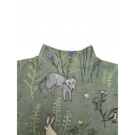 [3D Print Forest Sweater] Women's 3D All-Over Print Forest Sweater - Oversized H-Line Silhouette, High Neck Long Sleeves, Green Pullover with Foxes Rabbits Birds Mushrooms - All-Season Casual Semi-Formal Wear