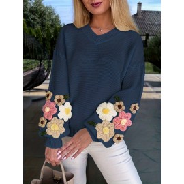 V-Neck Color Block Three-Dimensional Lantern Sleeve Versatile Pullover Top