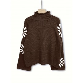 Women'S Elegant Floral Sweater - Long Sleeve High Neck Pullover with Brown & Flower Pattern, All-Season Layering Top for Everyday & Formal Outfits - Women'S
