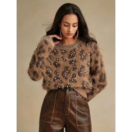 Elegant Leopard Print Pearl-Adorned Sweater Jacket - Luxurious Pearl-Accented Collar & Sleeve Trim, High Elasticity Round Neck Blazer for All-Season Wear, Semi-Sheer Warm Coat (Hand Wash/Dry Clean) - Pearl-Decorated Blazer