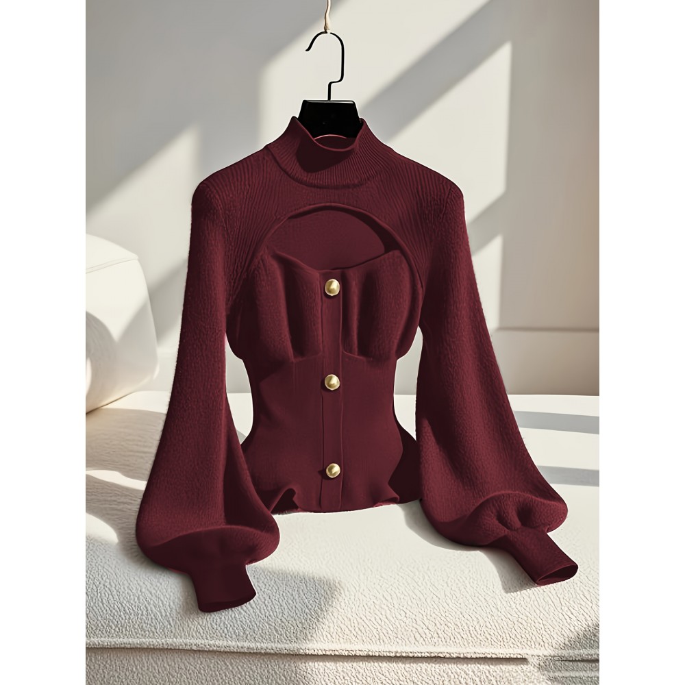 Women's Burgundy Slim-Fit Winter Sweater Jacket - Elegant High Neck Collar with Button Front, Tummy Control, Wrinkle-Resistant Long Sleeve Blazer for Office, Party & Cold Weather (Hand Wash/Dry Clean)