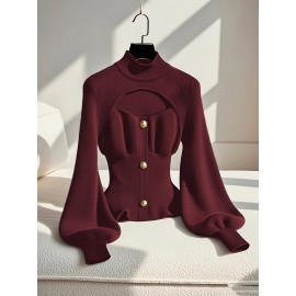 Women's Burgundy Slim-Fit Winter Sweater Jacket - Elegant High Neck Collar with Button Front, Tummy Control, Wrinkle-Resistant Long Sleeve Blazer for Office, Party & Cold Weather (Hand Wash/Dry Clean)