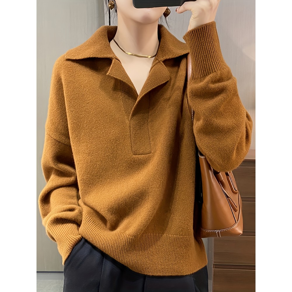 Women'S Elegant Brown Cardigan - Soft Pullover Sweater with Collar, Loose Fit Long Sleeve Top for Fall/Winter, All-Season Layering Essential, Casual Chic Style, Sweater Cardigan