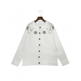 [Winter Sweater] Cozy White 3D Printed Snowman & Snowflake Sweater | Winter Cardigan with Buttons, All-Over Winter Design, Perfect for Young Fashionistas