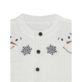 [Winter Sweater] Cozy White 3D Printed Snowman & Snowflake Sweater | Winter Cardigan with Buttons, All-Over Winter Design, Perfect for Young Fashionistas