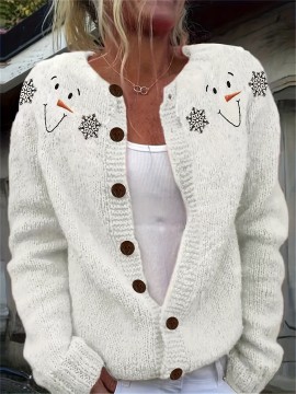 [Winter Sweater] Cozy White 3D Printed Snowman & Snowflake Sweater | Winter Cardigan with Buttons, All-Over Winter Design, Perfect for Young Fashionistas