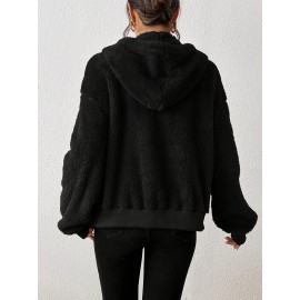 Plus Size Women's Winter Hooded Zip Jacket - Solid Color Sporty College Style Sweatcoat with Hood, Thick Warm Outerwear for Cold Weather, Gym, Skiing & Casual Attire (Machine Washable)