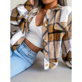 Women's Plus Size Sporty Loose Fit Casual Plaid Shirt Jacket - Long Sleeve Button-Up Front with Golden-Tone Buttons, Classic Collar & Machine Washable, Blue/White/Black/Beige for Fall Winter Layering, Autumn Apparel, Durable Fashion, Casual Attire, Quality Stitching, Everyday Outfit