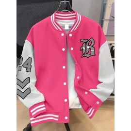 Women's Oversized Black & White Baseball Jacket with White Piping - Oversized Fit, Lettering & Number Design, Machine Washable Winter Warmth, Casual Sporty Outerwear with Baseball Collar & Full-Zip Closure, Black & White Color Block Jacket for Fall/Winter Layering (Casual to Formal Outfits) - Plus Size Available, Lettering & Number Patterns, Front Zipper Closure, Relaxed Fit for Women, Jacket For Women, Winter Coats For Women Plus Size, Plus Size Winter Coats For Women,