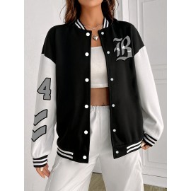 Women's Oversized Black & White Baseball Jacket with White Piping - Oversized Fit, Lettering & Number Design, Machine Washable Winter Warmth, Casual Sporty Outerwear with Baseball Collar & Full-Zip Closure, Black & White Color Block Jacket for Fall/Winter Layering (Casual to Formal Outfits) - Plus Size Available, Lettering & Number Patterns, Front Zipper Closure, Relaxed Fit for Women, Jacket For Women, Winter Coats For Women Plus Size, Plus Size Winter Coats For Women,