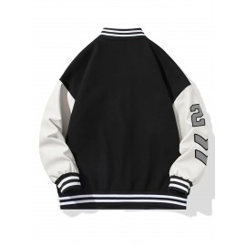 Women's Oversized Black & White Baseball Jacket with White Piping - Oversized Fit, Lettering & Number Design, Machine Washable Winter Warmth, Casual Sporty Outerwear with Baseball Collar & Full-Zip Closure, Black & White Color Block Jacket for Fall/Winter Layering (Casual to Formal Outfits) - Plus Size Available, Lettering & Number Patterns, Front Zipper Closure, Relaxed Fit for Women, Jacket For Women, Winter Coats For Women Plus Size, Plus Size Winter Coats For Women,