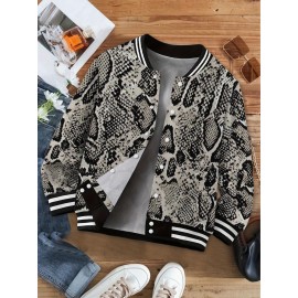 Women'S Snake Print Baseball Jacket Hoodie - Golden Reptile Scale Pattern, Long Sleeve Crewneck Winter Warmth, Regular Fit with Piping Trim & Medium-Stretch Fabric, Casual Outerwear for Everyday & Themed Events, Fall/Winter Layering Piece with Funct