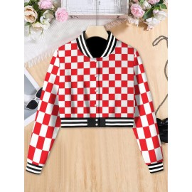 Women's & Unisex Retro Red White Checkered Baseball Jacket - Oversized Long Sleeve Gingham Top, Casual Streetwear Party Festival Outfit, Autumn Winter Warmth, Large Size Comfort Fit, Easy Care Hand Wash/Dry Clean (No Belt/Hardware), Seasonal Fashion, Vintage Aesthetic, Comfortable Fabric, Checkered Top, Fashion Enthusiasts
