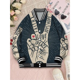 Women'S Plus Size Retro 70s Hippie Style Jacket - Faith Love Joy Unity & Peace Signs 3D Print, Machine Washable Winter Warm Coat with Stand Collar
