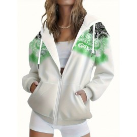 Women's 3D All-Over Floral Full-Zip Hooded Jacket - Green & Black Botanical Print Winter Coat, H-Line Silhouette Long Sleeve Zip-Up Hoodie, Machine Washable Outerwear for Fall & Winter Layering (Casual to Dressy)