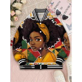 Plus Size Women's African American Pride Melanin Queen Afro Hair & Black History Month Jacket - Varsity Hoodie with Varsity Lettering, Single-Button Closure, Long Sleeve Casual Coat for Fall/Winter, Cultural Celebration Outerwear