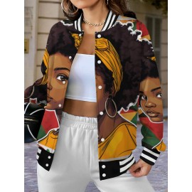 Plus Size Women's African American Pride Melanin Queen Afro Hair & Black History Month Jacket - Varsity Hoodie with Varsity Lettering, Single-Button Closure, Long Sleeve Casual Coat for Fall/Winter, Cultural Celebration Outerwear