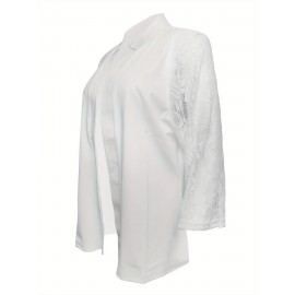 Plus Size - Women'S Elegant Lace Sleeve Blazer - Structured Lapel Collar Tailored Fit Cardigan, Solid Black with Contrast Lace Cuff & Hem, Spring Summer Casual to Semi-Formal Outerwear, Versatile for Everyday & Special Occasions, Lace Blazer for Women Plus Size, Plus Size Lace Blazer for Women Plus Size Coats And Jackets, Formal Lace Blazer for Women, Stretch Blazer For Women