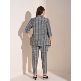 Plus Size - Women'S Plus Size Casual Plaid Suit Set - Open Front Blazer & Pants, Light Gray & White Checkered Pattern, Long Sleeve, Button-Up, Spring/Fall Office or Casual Attire, Casual Attire|Checkered Pattern|Slight Stretch Fabric