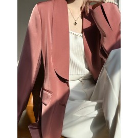 Plus Size - Women'S Luxury -Like Satin Loose-Fitting Suit Jacket - Thin Design Professional High-End Tailored Blazer, Solid Color Elegant Office & Formal Wear, Spring/Autumn Versatile Outerwear for Business, Weddings, Semi-Formal Events - Women'S Fa