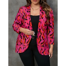 Plus Size, One Piece Autumn/Winter Plus Size Color Block Women's Leopard Print Lapel Long Sleeve Button Front Casual Fashion Coat