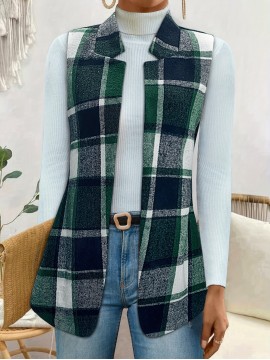 Plus Size - Plus Size, Women'S Plus Size Sleeveless Stand Collar Blazer - Elegant Plaid Print (Green/Black/White) H-Line Silhouette, Structured Lapel Collar & Open Front Closure, Long Length for Office Commute & Casual Outfits, Autumn Winter Outerwear, Versatile Tailored Fit, Workwear Essential, Highquality Stitching, Quality Tailoring